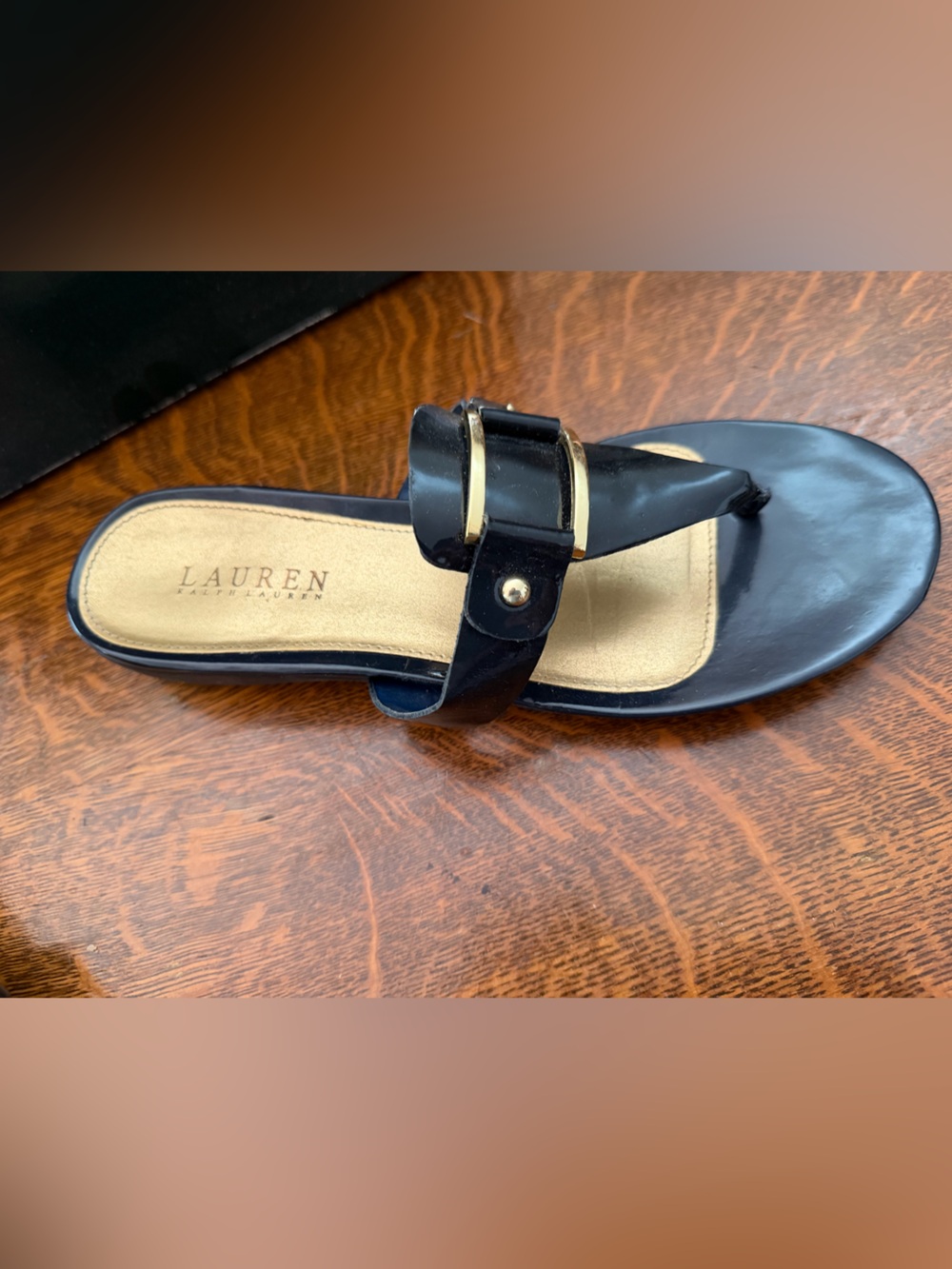 LAUREN Ralph Lauren Black Leather Buckle Thong Sandals Sz 9 B - Picture 4 of 6